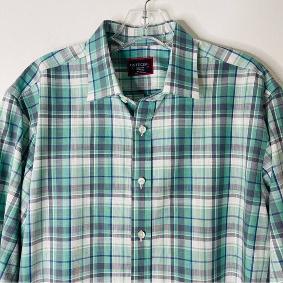 Untuckit green white plaid button front office preppy shirt top medium - Picture 2 of 6